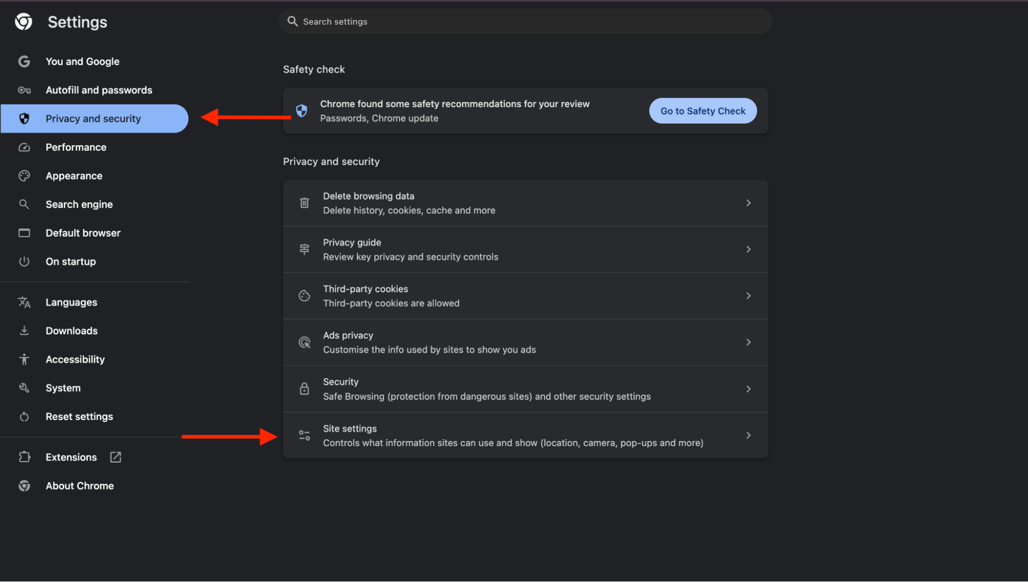 Privacy and Security Site Settings